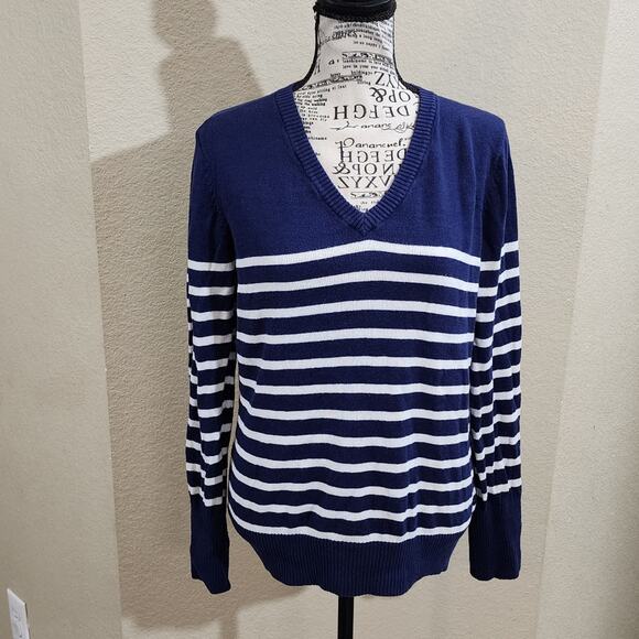 Merona blue and white striped v neck sweater size large - Picture 1 of 6